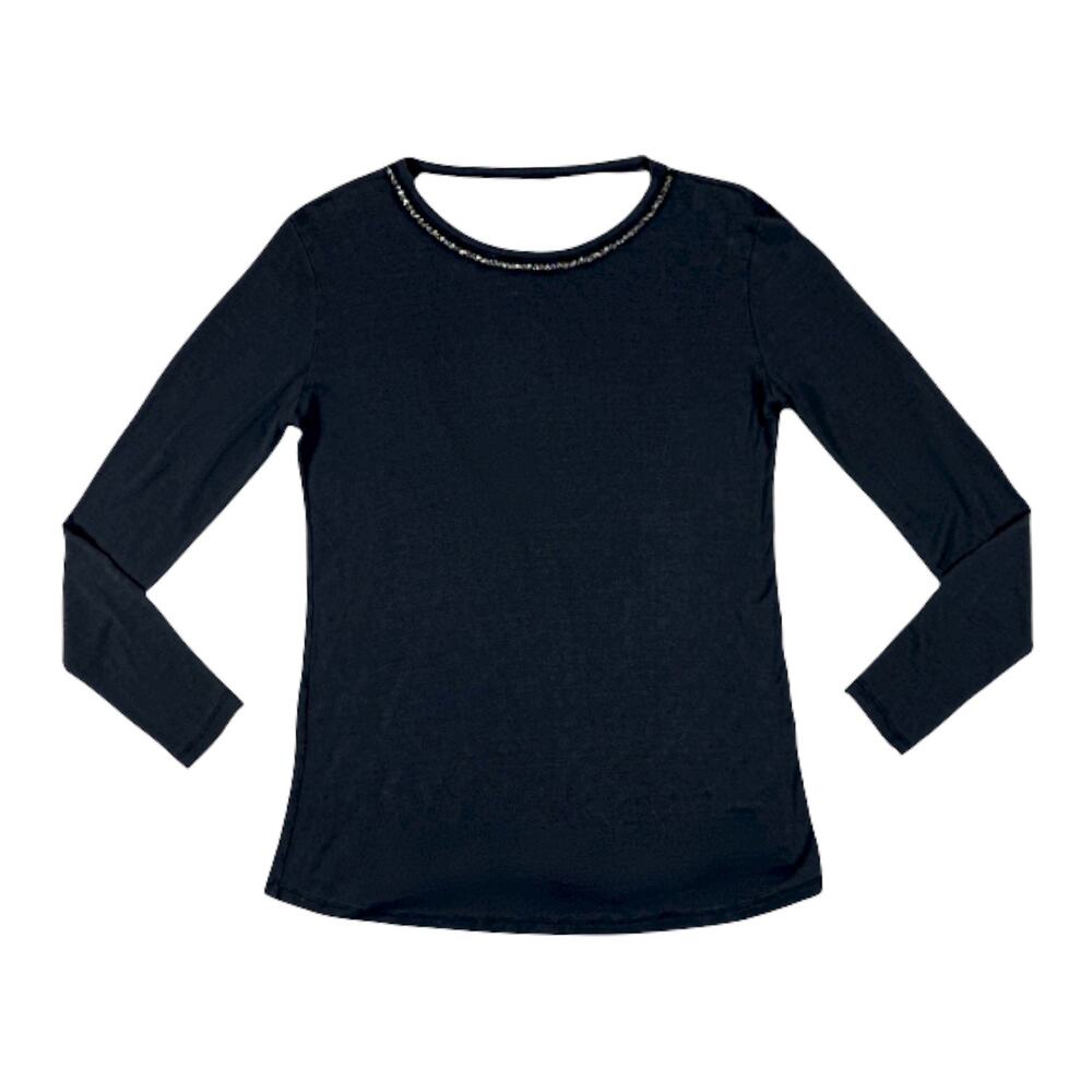 Majestic Crystal Neckline Long Sleeve Black Top | Size L